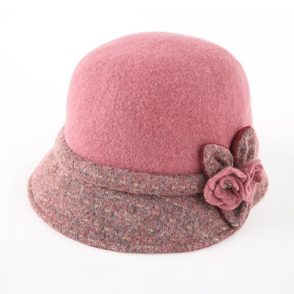 Elegant Pink Wool Flower Cloche Hat winter autumn - Picture 1 of 6
